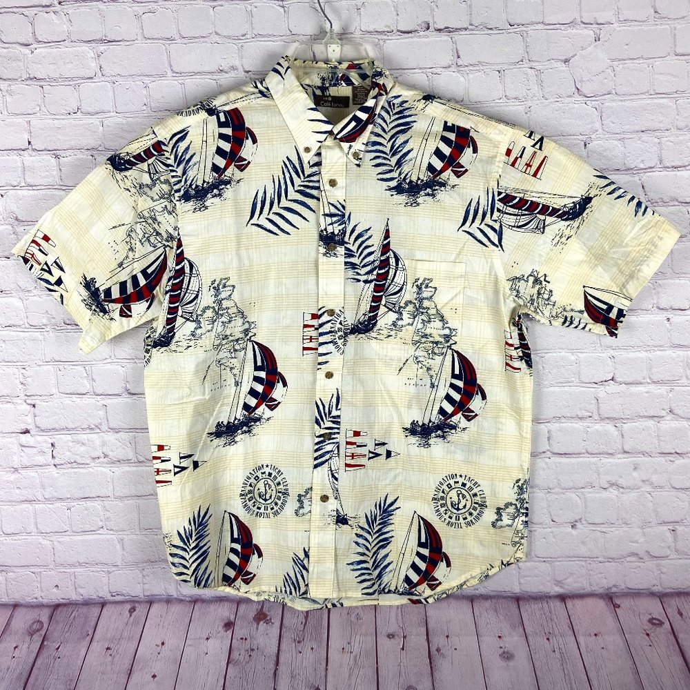 Cafe Luna Men's Cream & Blue Hawaiian Shirt. Sz: L (42/44)